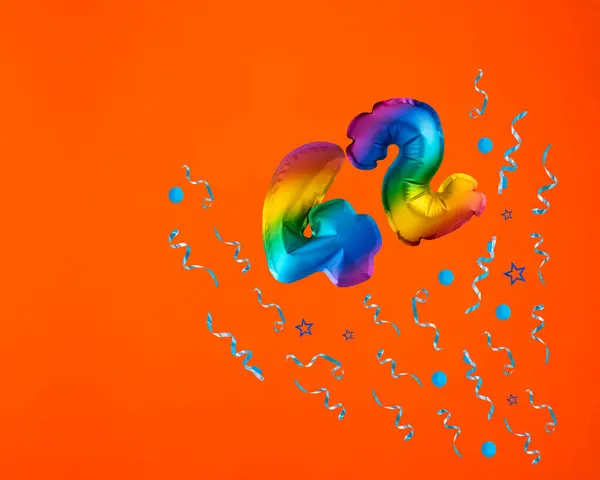 Multicolor Balloon Number Confetti Explosion Orange Background Birthday Card — Stock Photo, Image