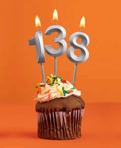 Birthday Cupcake Number 138 Candle Orange Color Background Imagen De Stock