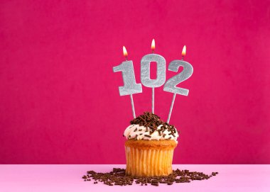 102 numaralı mumla doğum günü kutlaması - Pembe arka planda çikolatalı kek