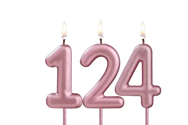 stock image Lit birthday candle - Candle number 124 on white background