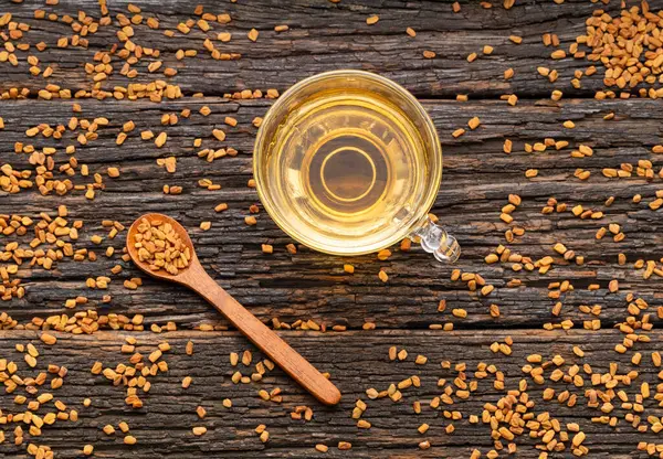 stock image Hot tea from aromatic and organic fenugreek seeds - Trigonella foenum - graecum