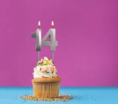 14 numaralı doğum günü mumunu yak - Menekşe ve mavi arka planda kutlama kartı