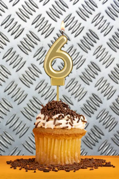 stock image Birthday candle number 6 - Industrial metallic background.