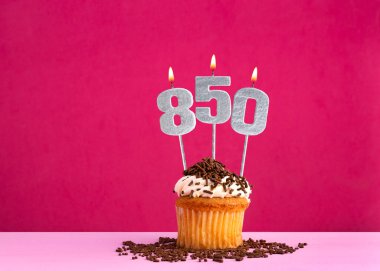 850 numaralı mumla doğum günü kutlaması - Pembe arka planda çikolatalı kek