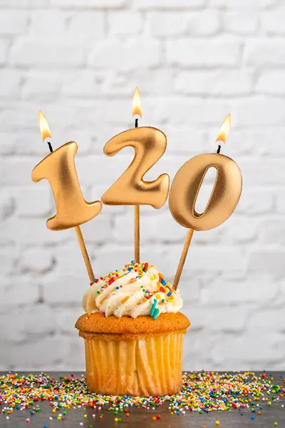 Stock image Cupcake with number 120 birthday candle - White block wall background