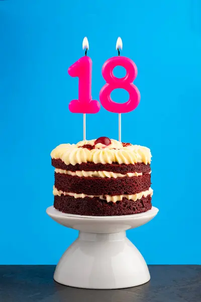 Stock image Red velvet birthday cake with number 18 candle