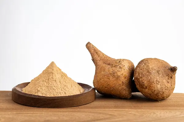 stock image Maca powder of Peruvian origin is an adaptogen rich in phytonutrients - Lepidium meyenii