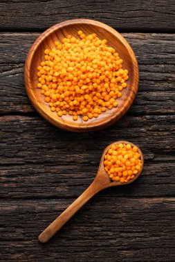 Mercek aşçılığı - Bir kâse ve kaşıkta çiğ kırmızı mercimek.