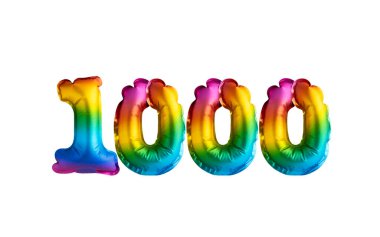 1000 numaralı kutlama için çok renkli balon. Beyaz arka planda mutlu yıllar.