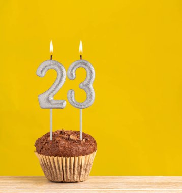 23 numaralı doğum günü mumu - Sarı arka planda çikolatalı kek.