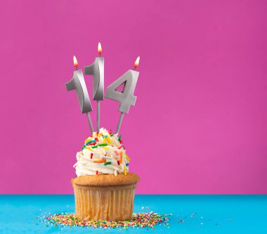 114 numaralı doğum günü mumunu yak - Menekşe ve mavi arka planda kutlama kartı