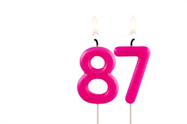 Beyaz arkaplanda 87 numaralı pembe doğum günü mumu.