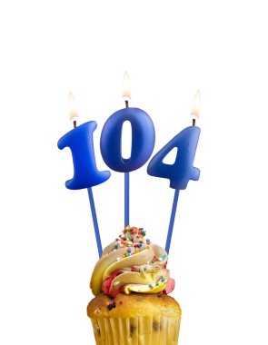 Candle in shape of the number 104 - Blue birthday on a white background. clipart