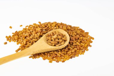 Methi Dana - Tahta kaşıkta kurutulmuş organik çemen otu tohumu.