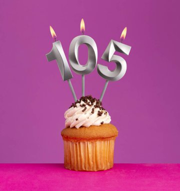 105 numaralı doğum günü mumu menekşe arkaplanlı kek.