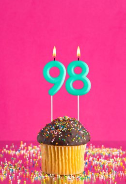 Kek ve 98 numaralı mumlu doğum günü kartı - Pembe zemin