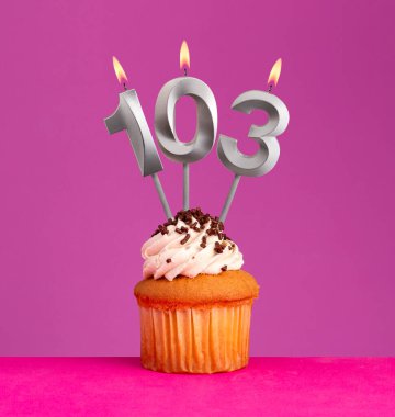 103 numaralı doğum günü mumu, menekşe arkaplanlı kek.