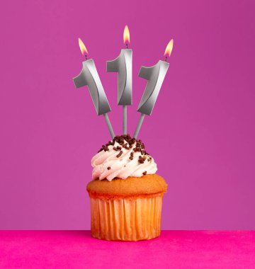 111 numaralı doğum günü mumu ve menekşeli kek.
