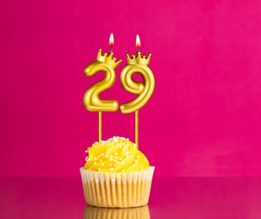 29 numaralı mumla doğum günü kutlaması - Pembe arka planda sarı kek