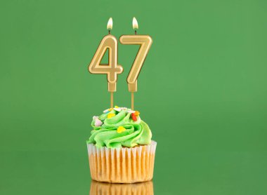 47 numaralı doğum günü mumu. Yeşil arka planda kek.
