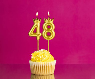 48 numaralı mumla doğum günü kutlaması - Pembe arka planda sarı kek