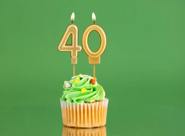 Mumlu ve kekli doğum günü kartı. Yeşil arka planda 40 numara.
