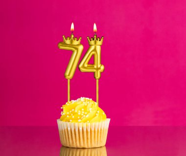 74 numaralı mumla doğum günü kutlaması - Pembe arka planda sarı kek