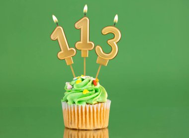 113 numaralı doğum günü mumu. Yeşil arka planda kek.
