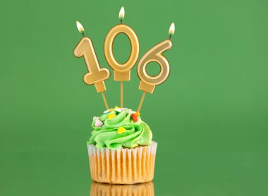 Yeşil arka planda 106 numaralı mum ve kek olan doğum günü kartı.