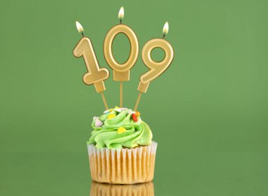 109 numaralı doğum günü mumu - Yeşil arka planda kek