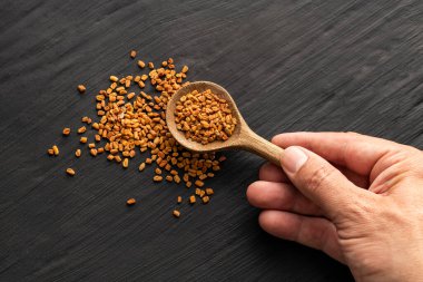 El ele tutuşmuş bir kaşık dolusu çemen otu tohumu - Trigonella foenum - graecum