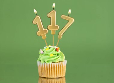 117 numaralı doğum günü mumu. Yeşil arka planda kek.