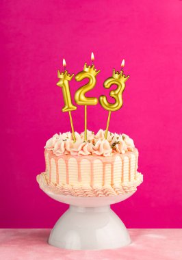 123 numaralı doğum günü mumu - Damlayan kremalı pembe kutlama pastası