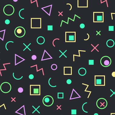 Siyah arka planda kusursuz geometrik desen. Neon renkli desen. Renkli soyut arka plan. Vektör illüstrasyonu.