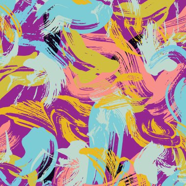 Soyut vektör, fırça darbeleriyle kusursuz desen. Broşür, poster, kart, baskı, tekstil, dergiler, spor giysileri için renkli bir geçmiş. Modern moda tasarımı. Vektör illüstrasyonu.