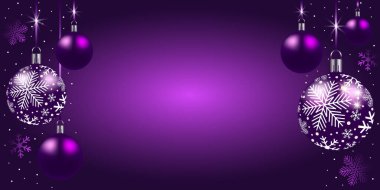 Noel ve Yeni Yıl geçmişi. Mor arka planda kar, kar taneleri ve balonlarla dolu bir tebrik kartı. Parlak kış tatili kompozisyonu, afiş, poster. Stok vektör illüstrasyonu.