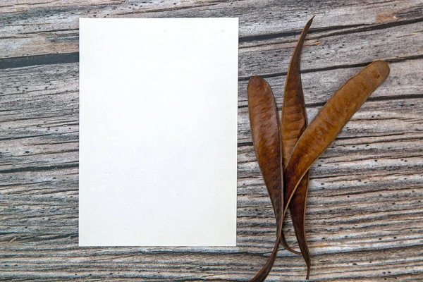 Paper Greeting Card Mockup Wooden Background — Stock Photo, Image
