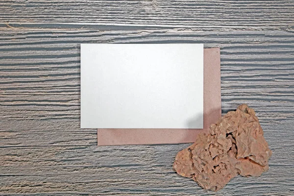 Paper Greeting Card Mockup Wooden Background — Stock Photo, Image