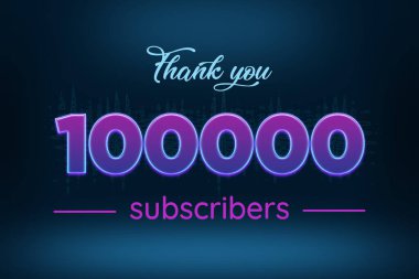 100000 subscribers celebration greeting banner with Purple Glowing Design