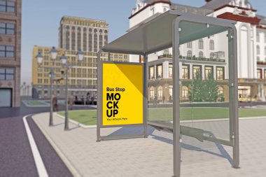 Bus Stop Billboard Bus Shelter Sinage Mockup 3d rendering