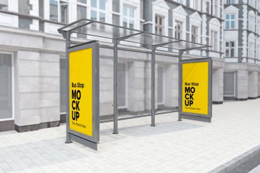 Bus Stop Billboard Bus Shelter Sinage Mockup 3d rendering