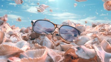 Deniz, güneş gözlüğü ve kumlara düşen deniz kabukları olan yaz plajı.
