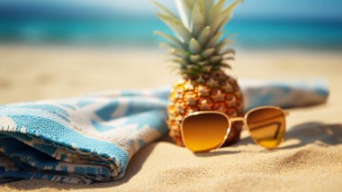 Yarım ananas ve kumun üzerinde tutulan güneş gözlüğü, kopyalanmış uzay metni.,