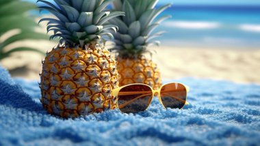 Yarım ananas ve kumun üzerinde tutulan güneş gözlüğü, kopyalanmış uzay metni.,