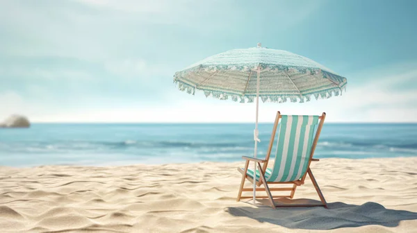  Sahilde mavi arka plan yaz tatili konseptine sahip sandalye ve şemsiye.. 