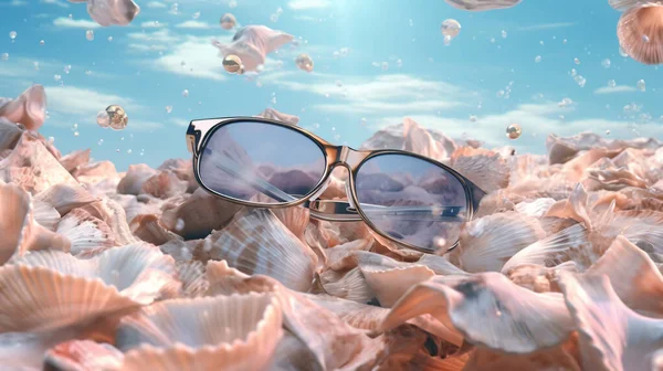 Deniz, güneş gözlüğü ve kumlara düşen deniz kabukları olan yaz plajı.