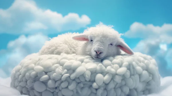 A cute sheep sleep on a beautiful cloud -  Ai Generated
