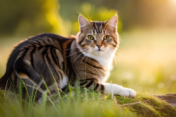 Kot Zielonej Trawie — Zdjęcie stockowe