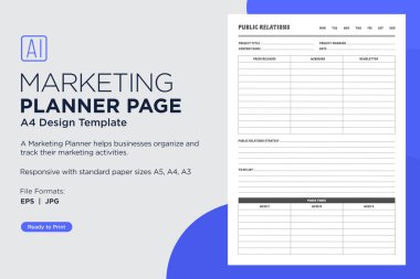 Marketing Planning Page Planner Sheets for Efficiently Organizing, Tracking, and Managing Marketing Activities, Campaigns, Strategies, Goals, and Performance Across Multiple Channels and Platforms Pages Design Template clipart