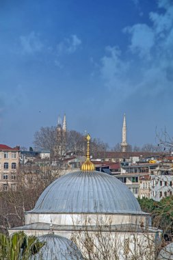 Altın bir finalle süslenmiş görkemli bir kubbenin büyüleyici manzarası, İstanbul 'un şehir manzarasının bir zeminine belirgin şekilde karşı duruyor. Sahneyi, kısmen karanlık binalar ve uzaktaki diğer minareler çerçeveliyor. Açık mavi 